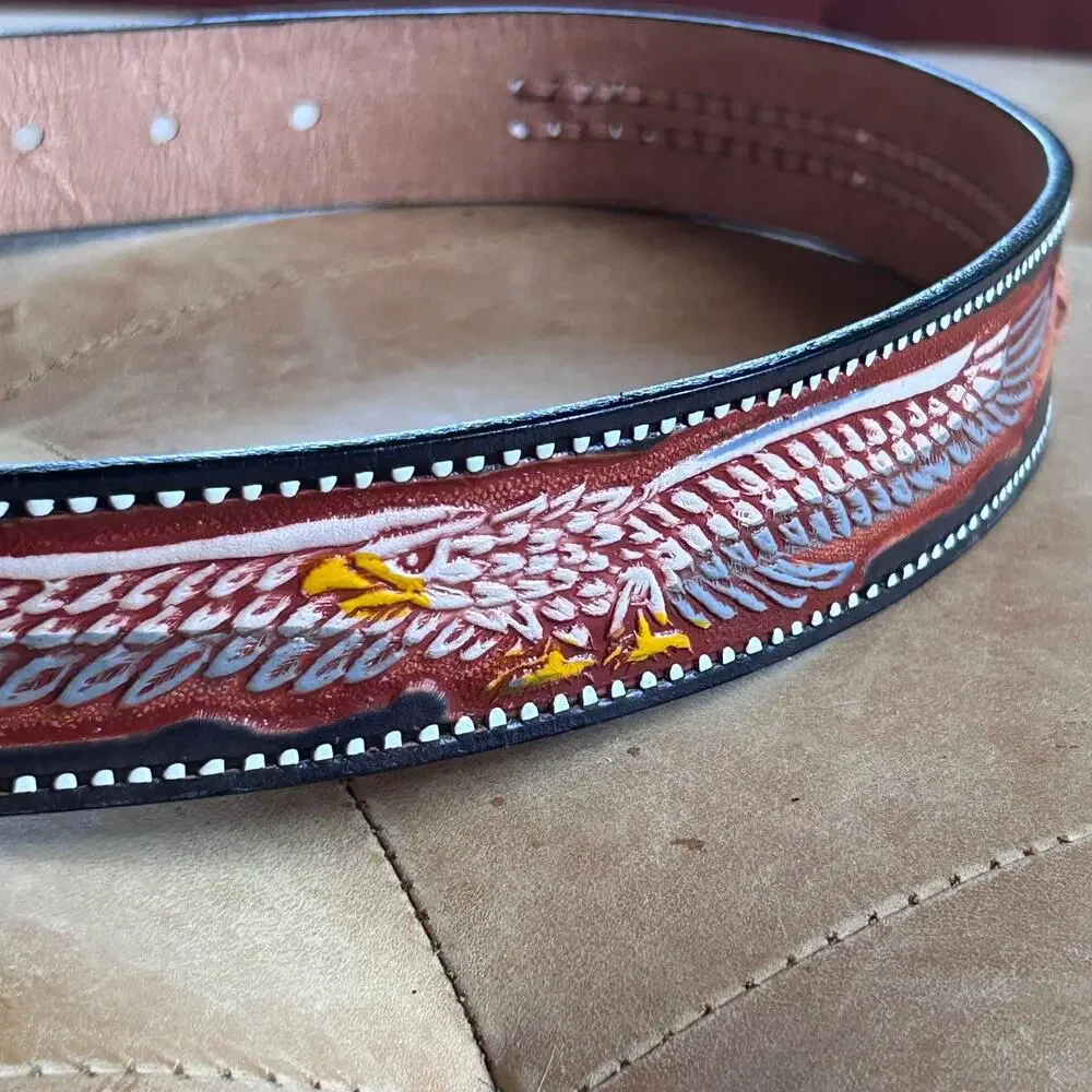 Hand Tooled Eagle Leather Belt Mens 36 Western Woven Cowboy Removable Buckle